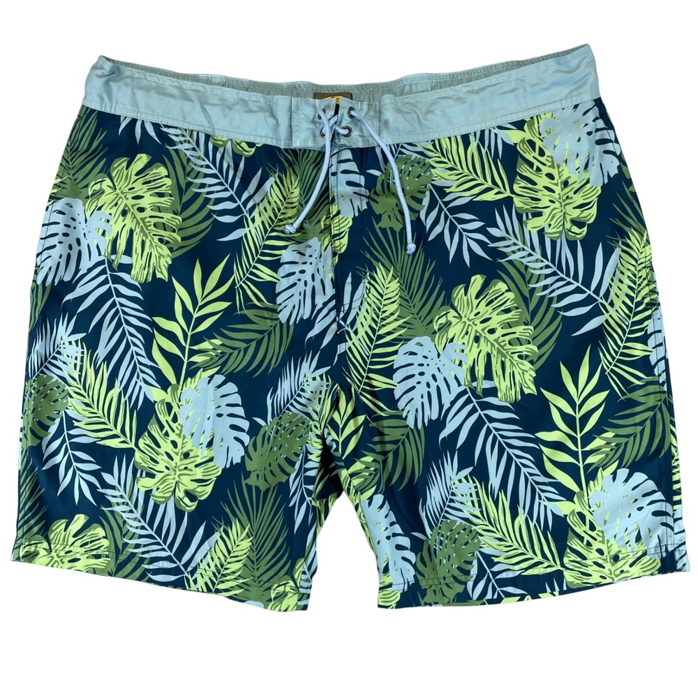 Bass Pro Shops Mens 2XL Swim Trunks Tropical Palm Leaf Board Shorts Blue Green